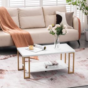 39.73” Simple Rectangular Double Layer Coffee Table, Gold Metal Legs, Faux Marble Top, Open Bottom Shelf and Adjustable Footpads