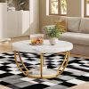 Round White Faux Marble Coffee Table with 2 Tiers, Arc-Shaped Metal Frame Design and Open Bottom Shelf
