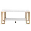 39.73” Simple Rectangular Double Layer Coffee Table, Gold Metal Legs, Faux Marble Top, Open Bottom Shelf and Adjustable Footpads