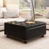 Multi-Functional Black Square Storage Stool, Ottoman, Workstation, or Coffee Table with Two Storage Doors in Faux Leather and Nailhead Trim