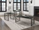 Modern 3-Piece Table Set with Fluted Marble Print Tempered Glass Tops and Intricate Geometric Metal Design Base