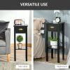 2 Tier Black Slim Side Nightstand Table with Top Drawer and Open Bottom Shelf