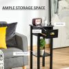 2 Tier Black Slim Side Nightstand Table with Top Drawer and Open Bottom Shelf