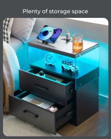 Black Nightstand with LED Lights, Adjustable Light Colors with 2 Bottom Drawers and Open Shelf