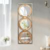 Mango Wood Wall Mirror with 3 Round Stacked Mirrors,Gold Rectangular Frame and Horizontal or Vertical Display Options
