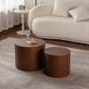 Set of 2, Nesting Coffee Table Set with Walnut Finish, Round Cylinder Shape, and Protective Foot Pads