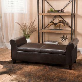 Hayes Ottoman Storage Bench with PU Brown Leather Upholstery and Rolled Arms