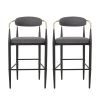 Set of 2, Gray Bar Stools with Black Iron Toothpick Style Leg Design, Gold Armrests, Iron Footrest & Curved Backrest
