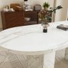 62.9 Inch Oval Dining Table for 6, Marble Top Kitchen Table with Wood Strip Base