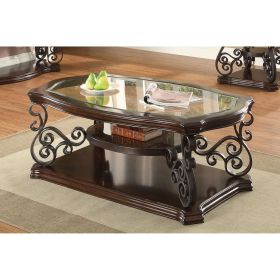 Bianca Merlot 2-Shelf Glass Top Coffee Table with Scroll Detailed Metal Legs