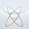 Round Dining Table with Adjustable Length Option, Gold Metal Geometric Legs and Clear Tempered Glass Top