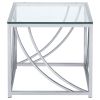 Brianne Chrome Square Clear Glass Top End Table with Geometric Design Base and Polished Metallic Finish