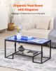 VEVOR Rectangle Coffee Table with Multi Color LED Lighting, Clear Tempered Glass, 2 Tier, Open Storage, and Black Metal Frame