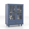 Minimalist Wooden Blue Buffet Sideboard Cabinet with Double Tempered Glass Doors, Adjustable Middle Shelf and Bottom Drawer