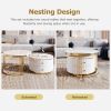 Modern 2 Piece White Round Nesting Coffee Table with 2 Drawers and Electroplated Gold Legs