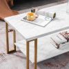 39.73” Simple Rectangular Double Layer Coffee Table, Gold Metal Legs, Faux Marble Top, Open Bottom Shelf and Adjustable Footpads