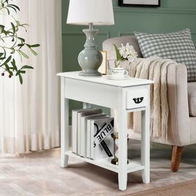 2 Tier End Bedside Sofa Side Table Narrow Nightstand with 1 Drawer and Open Lower Shelf
