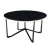Round Coffee Table and Two End Tables with Black Tempered Glass Tops, Gold Hued Banding and Black Finish Metal Base