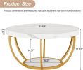 Round White Faux Marble Coffee Table with 2 Tiers, Arc-Shaped Metal Frame Design and Open Bottom Shelf