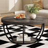 Round Wood Grain Finish Coffee Table with 2 Tiers, Arc-Shaped Metal Frame Design and Open Bottom Shelf