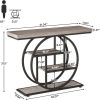 Rustic Rectangle Console Table with 4 Staggered Tiers, Circular Black Metal Base and Adjustable Foot Pads