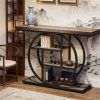 Rustic Rectangle Console Table with 4 Staggered Tiers, Circular Black Metal Base and Adjustable Foot Pads