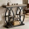 Rustic Rectangle Console Table with 4 Staggered Tiers, Geometric Black Metal Base and Adjustable Foot Pads
