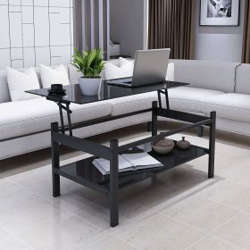 Glass Lift Top Coffee Table with 2 Tiers, Black Tempered Glass, and Open Bottom Shelf