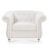 White Teddy Velvet Fabric Chair, Tufted Button Backrest and Armrest with Nailhead Trim and Sturdy Clear Acrylic Legs