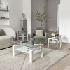 Set of 2, White Square Modern End Tables with Clear Tempered Glass Top, Frosted Bottom Glass and Metal Legs