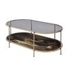 Fiorella Black & Gold Marble Print Coffee Table with Tempered Glass, Champagne Finish and Oval Shape
