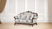 Gloria Traditional Style Sofa & Loveseat with Button Tufted Backrests, Upholstered Floral Pattern Design and Regal Frame Wood Carvings