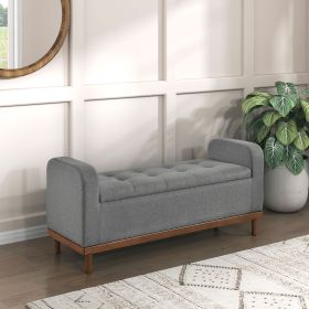 Mid-Century Modern Lift Top Storage Ottoman Bench, with Gray Tufted Upholstered Fabric and Solid Walnut Wood Finish