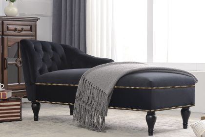 58" Black Velvet Chaise Lounge Chair with Button Tufted Backrest and Armrest