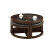 Dark Walnut Coffee Table Set with 4 Ottoman Chairs, Beveled Glass Insert Top and Nesting Design