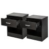 2 Piece Black Night Stand with Top Drawer and Open Bottom Shelf