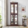 Lighted Glass Curio Display Storage Cabinet with 4 Tempered Glass Doors, Adjustable Glass Shelves and Vintage Carved Handles