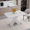 Modern Square Extendable Dining Table with Printed White Marble Table Top, X-Shape Table Legs and Metal Pedestal Base