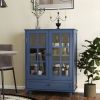 Minimalist Wooden Blue Buffet Sideboard Cabinet with Double Tempered Glass Doors, Adjustable Middle Shelf and Bottom Drawer