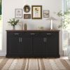 63" Fluted Sideboard Buffet Storage Cabinet with 4 Doors and 3 Drawers in Black and Brown Finish