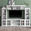 Minimalism Entertainment Wall Unit with Bridge, Including 8 Enclosed & 11 Open Shelves with 4 Tempered Glass Doors