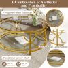 30.7” Round Tempered Glass Coffee Table with Luxurious Gold Geometric Metal Frame and Open Bottom Shelf