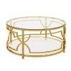 30.7” Round Tempered Glass Coffee Table with Luxurious Gold Geometric Metal Frame and Open Bottom Shelf