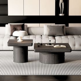 Modern Wood Nesting Coffee Table Set, 2-Piece with Cylindrical & Fluted Pedestal