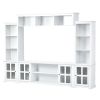 Minimalism Entertainment Wall Unit with Bridge, Including 8 Enclosed & 11 Open Shelves with 4 Tempered Glass Doors
