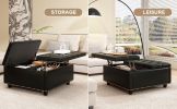 Multi-Functional Black Square Storage Stool, Ottoman, Workstation, or Coffee Table with Two Storage Doors in Faux Leather and Nailhead Trim