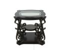 Square Beveled Glass Top End Table with Serpentine Metal Legs Attached to Marble Paper Top Middle Shelf