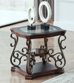 Square Beveled Glass Top End Table with Serpentine Metal Legs Attached to Marble Paper Top Middle Shelf