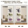 Wall Mounted Full Length Mirror with Dual Slide Design, Multifunctional Display Pane, 4 Removable Shelves & 4 Hanging Hooks
