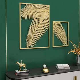 2 Piece Metal Wall Decor Rectangular Palm Leaf Home Art Set in Gold for Living Room